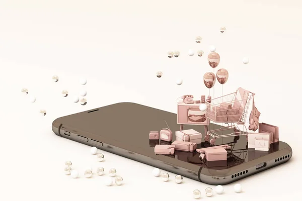 Online Shopping Smartphone Mit Geschenkbox Warenkorb Kreditkarte Einkaufstasche Rosa Farbton — Stockfoto