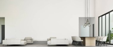 Kanepe seti ve gri döşemesi olan modern yaşam ve yemek alanı. 3d oluşturma