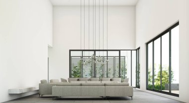 Kanepe seti ve gri döşemesi olan modern yaşam ve yemek alanı. 3d oluşturma