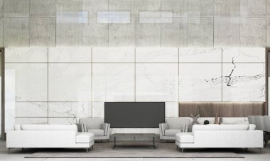 Kanepe seti, beyaz mermer duvar süsü ve gri döşemesi olan modern yaşam ve yemek alanı. 3d oluşturma