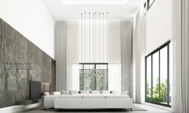 Kanepe seti, siyah mermer duvar süsü ve gri döşemeli modern yaşam ve yemek alanı tarzı. 3d oluşturma