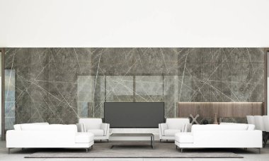Kanepe seti, siyah mermer duvar süsü ve gri döşemeli modern yaşam ve yemek alanı tarzı. 3d oluşturma