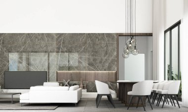 Kanepe seti, siyah mermer duvar süsü ve gri döşemeli modern yaşam ve yemek alanı tarzı. 3d oluşturma