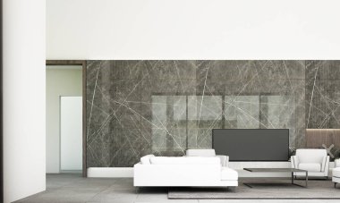 Kanepe seti, siyah mermer duvar süsü ve gri döşemeli modern yaşam ve yemek alanı tarzı. 3d oluşturma