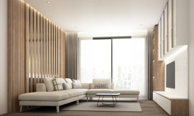 Oturma odası, duvar süslemesi ve ahşap, beyaz mermer ve kanepe setiyle donatılmış televizyon dolabı. 3d oluşturma