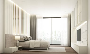 Yatak odası, yatak odası, yatak odası ve ahşap ve beyaz mermer kaplı televizyon dolabı. 3d oluşturma