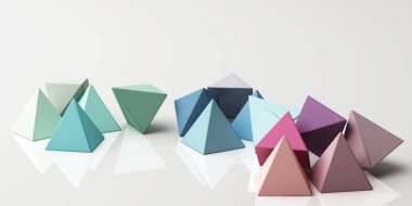 Renkli yeşil, mor, mavi, sarı gerçekçi piramit küreleri beyaz arka planda kumaş dokusuyla. 3d oluşturma 