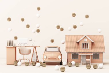 Evimi, arabamı ve etrafımda bir sürü altın ve beyaz baloyla çalışmayı düşünüyorum. 3d oluşturma