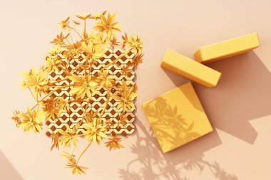 Sarı arkaplanda izole edilmiş sarı renkli tropikal bitkilerin 3D üst görünümünü görüntüle.