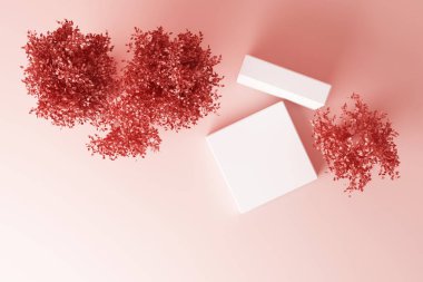 Pembe arka planda izole edilmiş tropikal bitkilerin üst görünümünü 3D görüntüle.