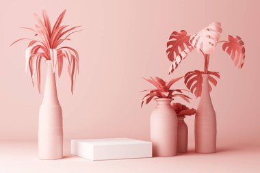 Pembe arka planda izole edilmiş 3 boyutlu tropikal bitkilerin oluşturulması.