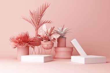 Pembe arka planda izole edilmiş 3 boyutlu tropikal bitkilerin oluşturulması.