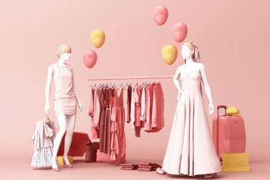 Giysi mankeni çanta ve kredi kartıyla çevrili bir askılık. 3d oluşturma