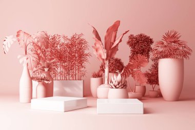 Pembe arka planda izole edilmiş 3 boyutlu tropikal bitkilerin oluşturulması.