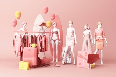 Giysi mankeni çanta ve kredi kartıyla çevrili bir askılık. 3d oluşturma