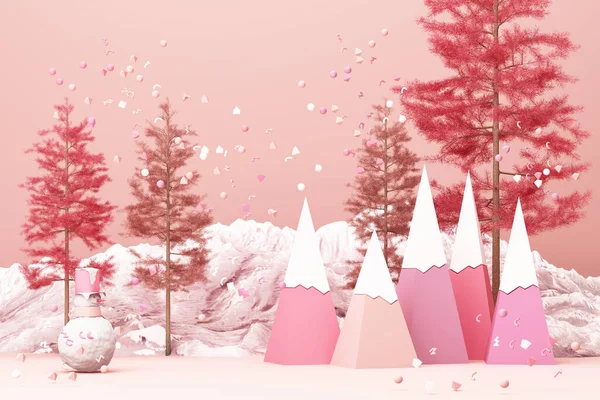 Hermoso Invierno Navidad Nevado Paisaje Fondo Color Rosa Con Montañas — Foto de Stock