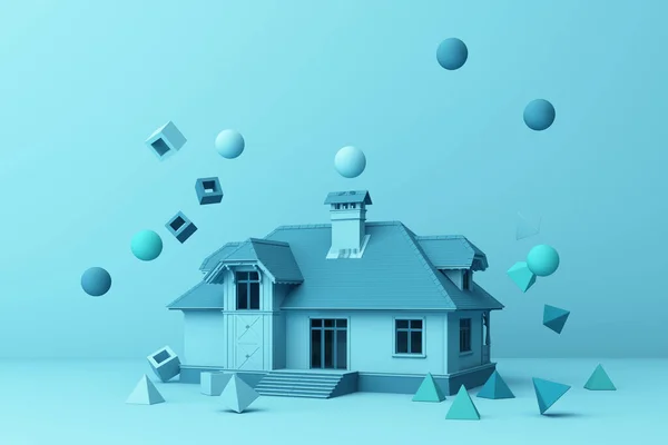 Голубой Дом Окружающий Многих Голубой Геометрической Формы Рендеринг — стоковое фото