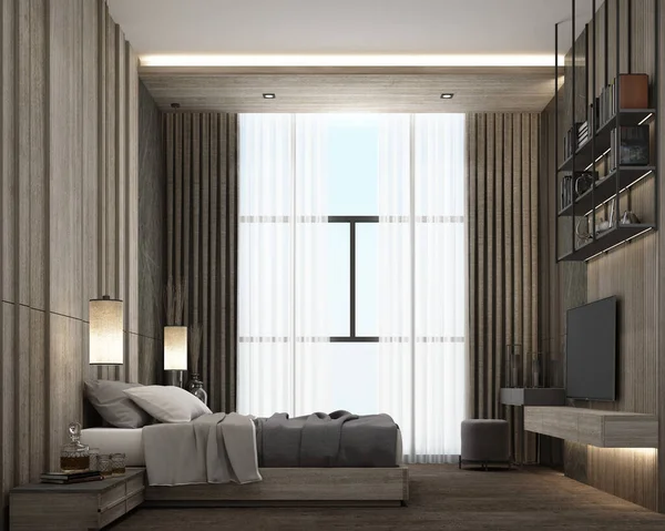 Interieur Van Moderne Luxe Slaapkamer Kamer Met Bed Nachtkastje Grijze — Stockfoto