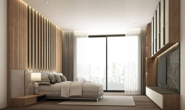 Bedroom Modern Minimal Style Built Headboard Cabinet Wooden Black Marble — Stock Photo, Image