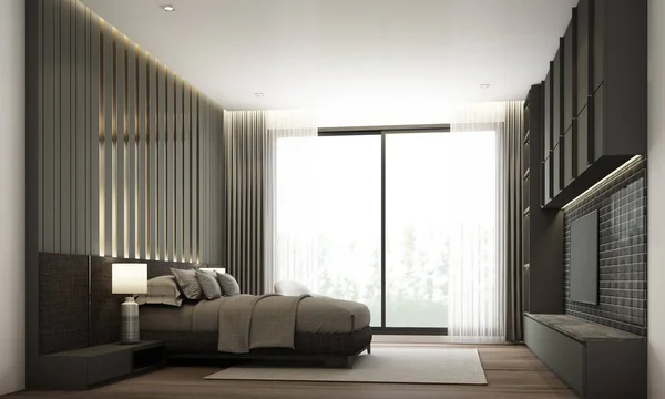Dormitorio Moderno Estilo Minimalista Con Cabecero Incorporado Gabinete Televisión Con — Foto de Stock