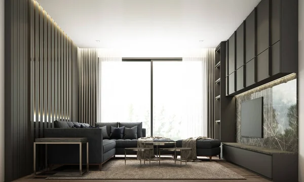 客厅采用现代简约风格 内置墙面装饰 电视柜采用深色木制 黑色大理石和沙发 3D渲染 — 图库照片