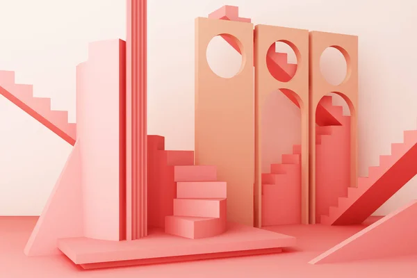 Geometrikus Alakzat Összetétele Lépcsővel Íves Rózsaszín Háttérrel Renderelés — Stock Fotó