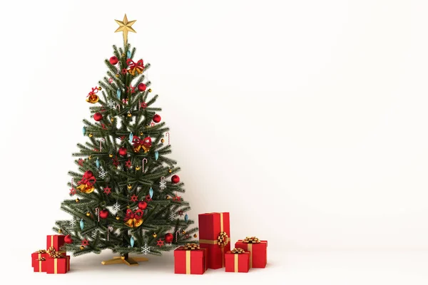 Noel ağacı, süslemeler ve hediye kutuları. 3d oluşturma