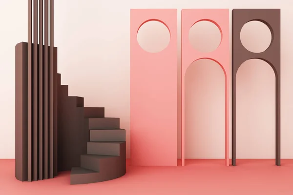 Geometrikus Alakzat Összetétele Lépcsővel Íves Rózsaszín Háttérrel Renderelés — Stock Fotó