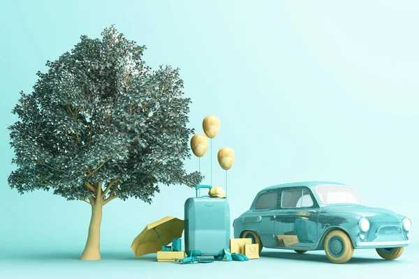 Concept Voiture Rétro Avec Bagages Entourés Équipements Voyage Dans Couleur — Photo