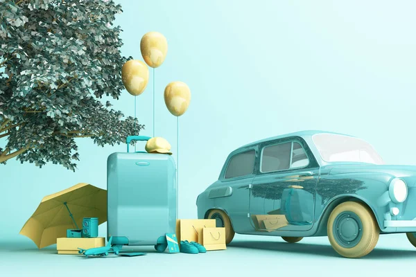 Concept Voiture Rétro Avec Bagages Entourés Équipements Voyage Dans Couleur — Photo