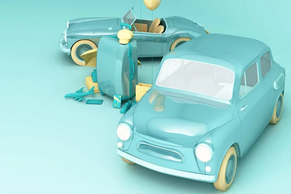 Концепция Ретро Автомобиля Багажом Окружении Туристического Оборудования Зеленом Цвете Рендеринг — стоковое фото