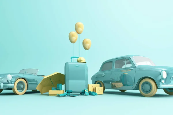 Concept Voiture Rétro Avec Bagages Entourés Équipements Voyage Dans Couleur — Photo