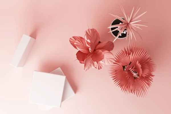 Візуалізація Вид Зверху Тропічні Рослини Ізольовані Рожевому Фоні — стокове фото