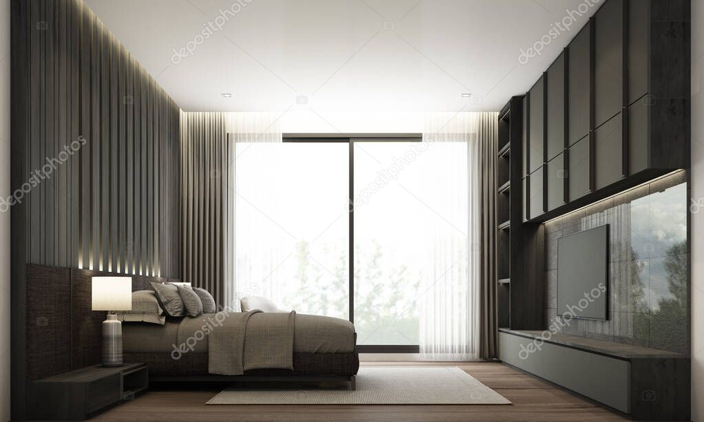 Bedroom modern minimal style with built-in headboard and tv cabinet with dark wooden and black tile. 3d rendering