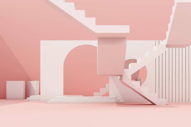 Geometrik şekil kompozisyonu, pembe arka planda merdiven ve kemer var. 3d oluşturma