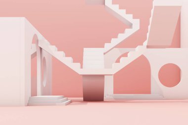 Geometrik şekil kompozisyonu, pembe arka planda merdiven ve kemer var. 3d oluşturma