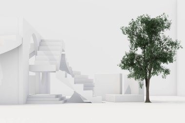 Geometrik şekil kompozisyonu, beyaz zemin üzerinde merdiven ve kemer var. 3d oluşturma