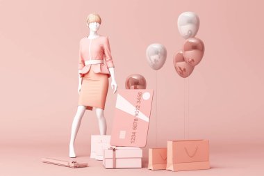 Etrafı alışveriş çantasıyla çevrili bir manken ve üzerinde pembe fonda kredi kartı olan hediye kutusu.