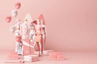 Etrafı alışveriş çantasıyla çevrili bir manken ve üzerinde pembe fonda kredi kartı olan hediye kutusu.