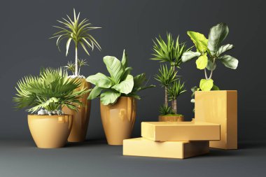 Gri arkaplanda izole edilmiş üç boyutlu tropikal bitkilerin oluşturulması.