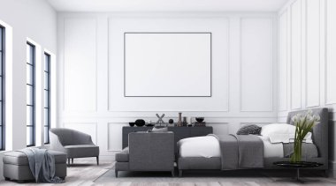 Klasik duvar süslemeleri ve gri mobilyaları olan modern lüks yatak odası. 3d hazırlayıcı