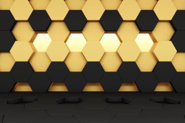 Bal peteği sarı ve siyah stüdyo set sahne 3D özet minimum arkaplan