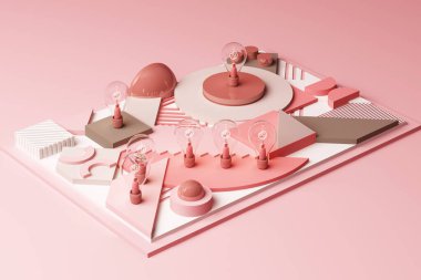 Ampuller, geometrik şekillerin soyut kompozisyonu, platformlar, pastel pembe tonda. 3d oluşturma