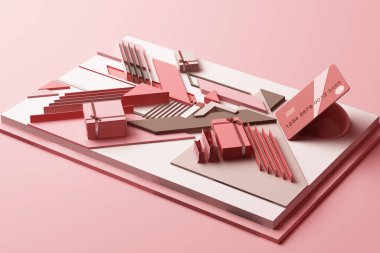 Pastel pembe tonda, geometrik şekillerin soyut kompozisyonu ve hediye kutusu konseptiyle kredi kartı. 3d oluşturma