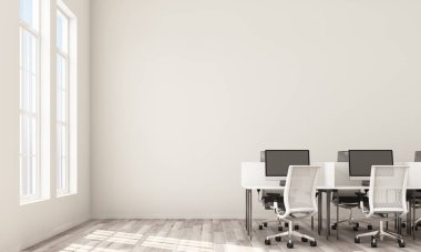 Beyaz sandalyeli, tahta zeminli, sıralı beyaz bilgisayar masaları olan modern beyaz ofisin içi. 3d oluşturma