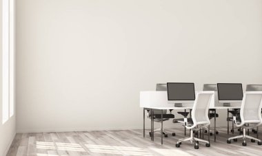 Beyaz sandalyeli, tahta zeminli, sıralı beyaz bilgisayar masaları olan modern beyaz ofisin içi. 3d oluşturma