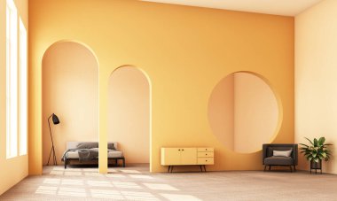 Soyut iç dizayn. Yaşam alanı ve yatak odası. Sarı tonda mimari elementler, dairesel kavis, yuvarlak açılış ve beton zemin 3D döşeme.