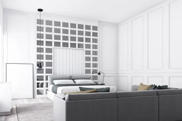 Moderní Luxusní Ložnice Obývací Pokoj Klasickou Nástěnnou Výzdobou Šedým Nábytkem — Stock fotografie