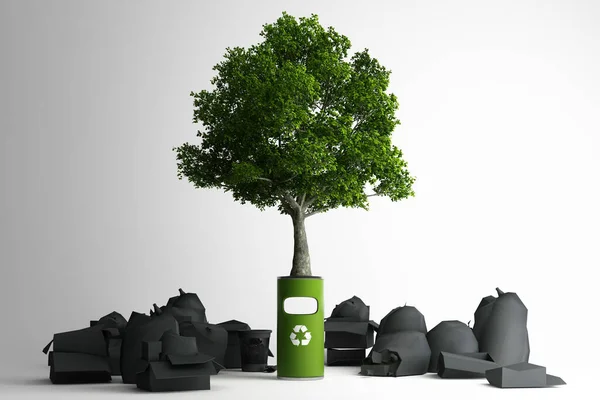 Árbol Puede Crecer Contenedores Reciclaje Rodeado Una Gran Cantidad Basura — Foto de Stock