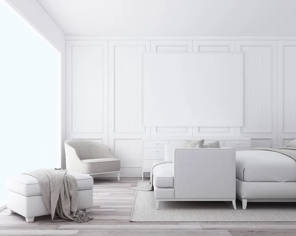 Modern Luxus Hálószoba Klasszikus Fali Díszítéssel Fehér Bútorokkal Renderelés — Stock Fotó